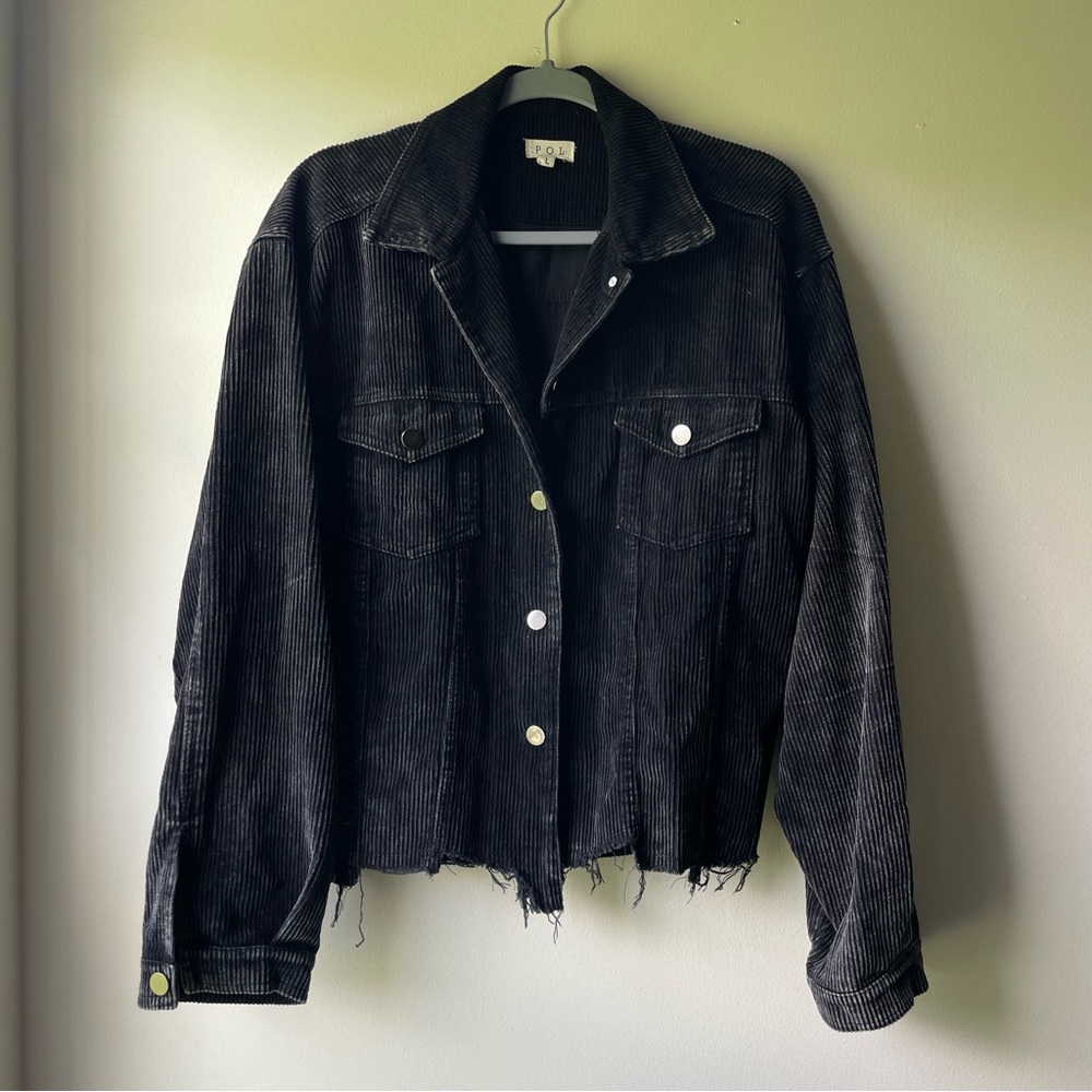 Pol Black Corduroy Frayed Edge Button Up Jacket 100% Cotton Size Large - Picture 2 of 8